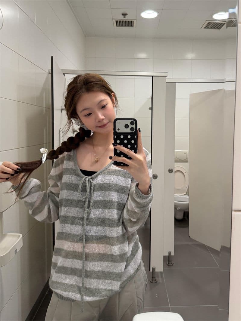 원본 솜씨 펌프 로프 스트라이프 해마 털 니트 하프 ~을 통해 대 칼라 스트라이프 블라우스 여성 상세 이미지 4