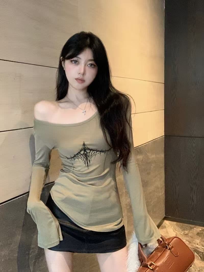 경관 그림 1 1 와 사고 방식 260 그램 디자인 라운드 넥 긴팔 티셔츠 여성 한국 스타일 레트로 품격 불규칙 맨위 상세 이미지 1