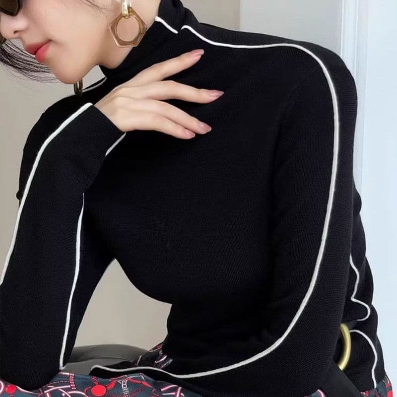 프랑스식 터틀넥 니트 기본 셔츠 여성 디자인 센스 작은 대중 말뚝 더미 칼라 인사이드 가져 가라. 봄 가을 맨위 이미지 5