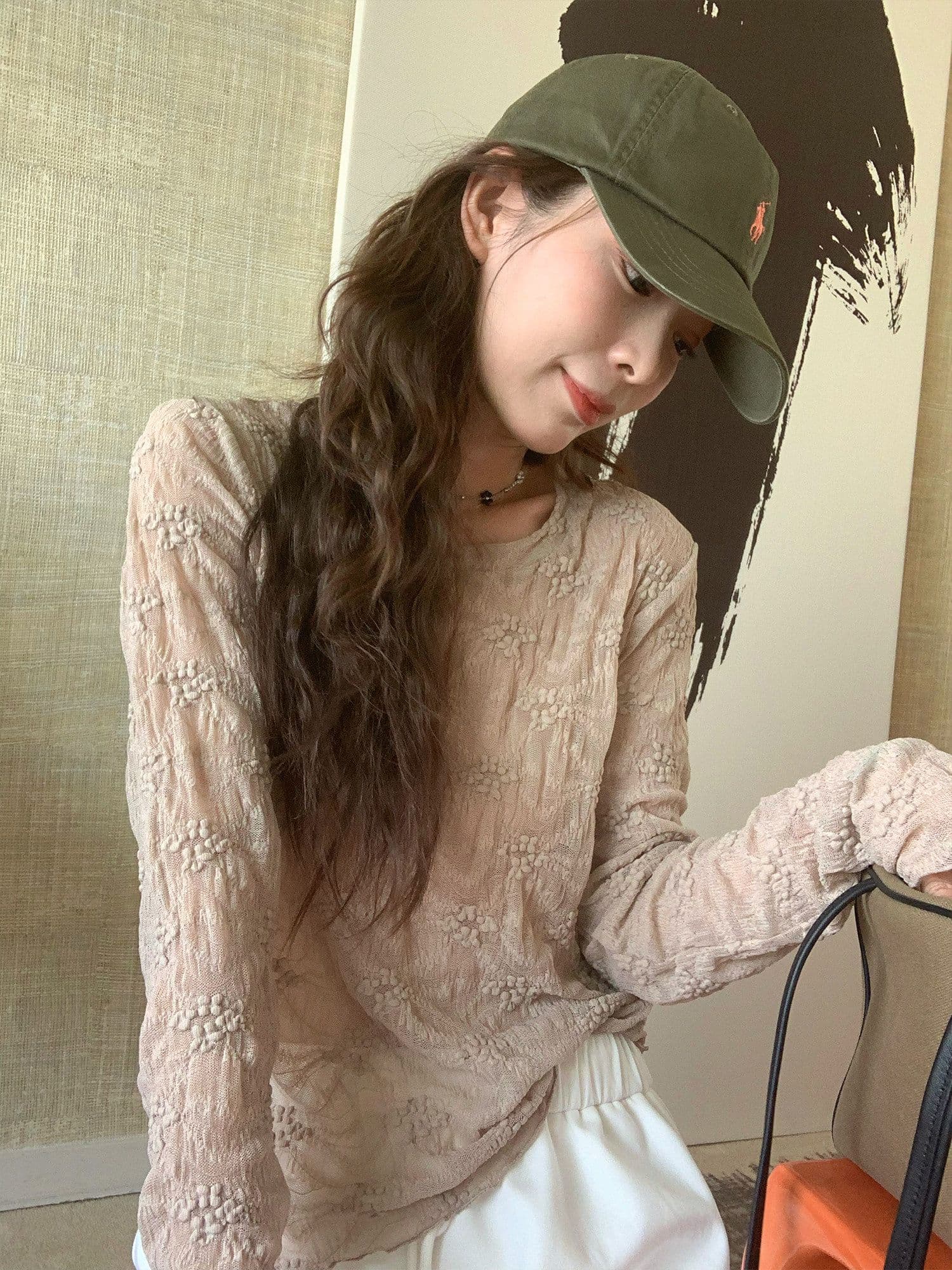 호흡 센스 레이스 얇은 부드러운 통기성 한 부서 기본 셔츠 여성 가을 섹션 느슨함 라운드 넥 자카드 긴팔 티셔츠 맨위 이미지 3
