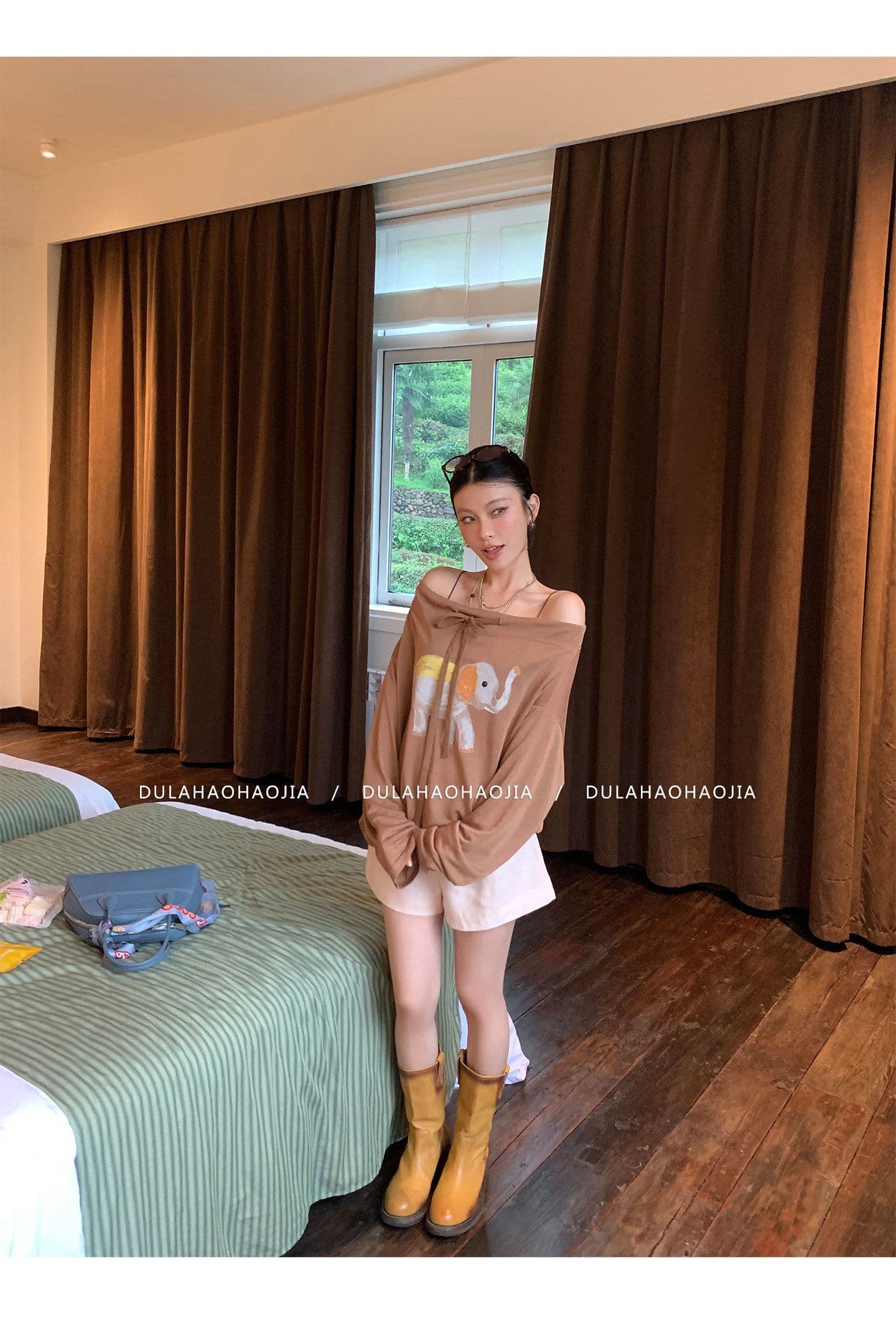 라이 경기 서울 프린트 스트랩 오프숄더 긴팔 티셔츠 여성 조기 가을 루즈핏 chic 오프숄더 커피 색상 작은 대중 맨위 상세 이미지 11