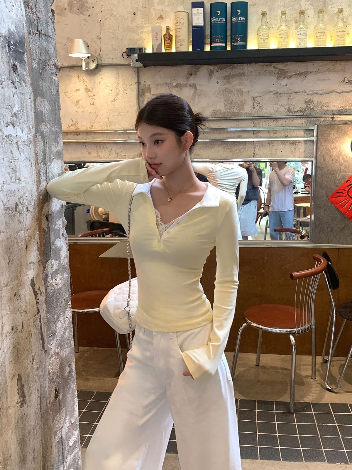 와 사고 방식 270 그램 사람들 면 거위 옐로우 POLO 칼라 레이스 레이스 긴팔 티셔츠 여성 가을 페이크 레이어드 맨위 이미지 3