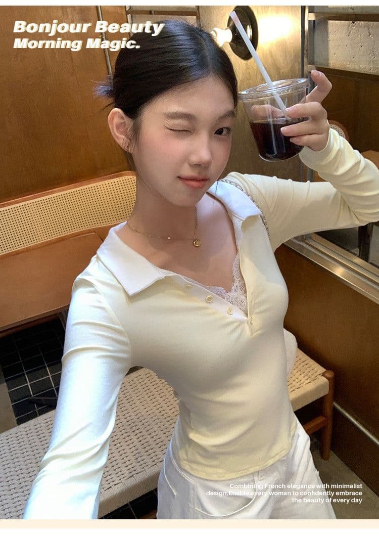 와 사고 방식 270 그램 사람들 면 거위 옐로우 POLO 칼라 레이스 레이스 긴팔 티셔츠 여성 가을 페이크 레이어드 맨위 상세 이미지 2