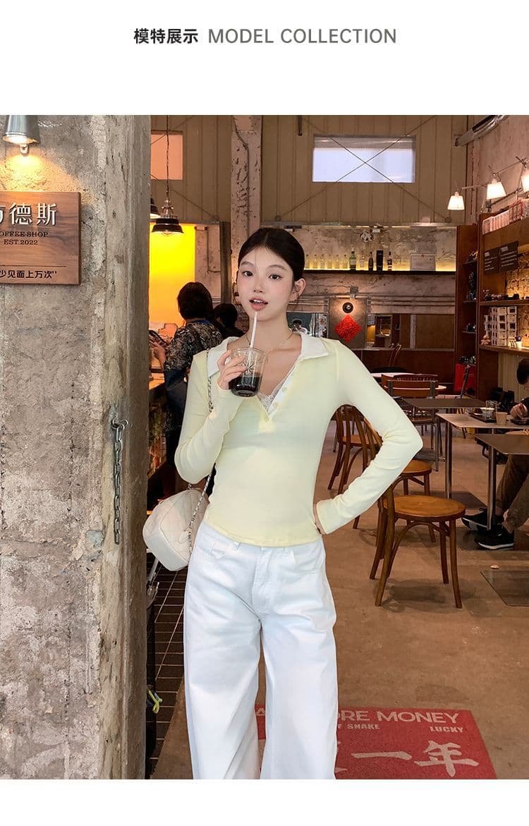 와 사고 방식 270 그램 사람들 면 거위 옐로우 POLO 칼라 레이스 레이스 긴팔 티셔츠 여성 가을 페이크 레이어드 맨위 상세 이미지 4
