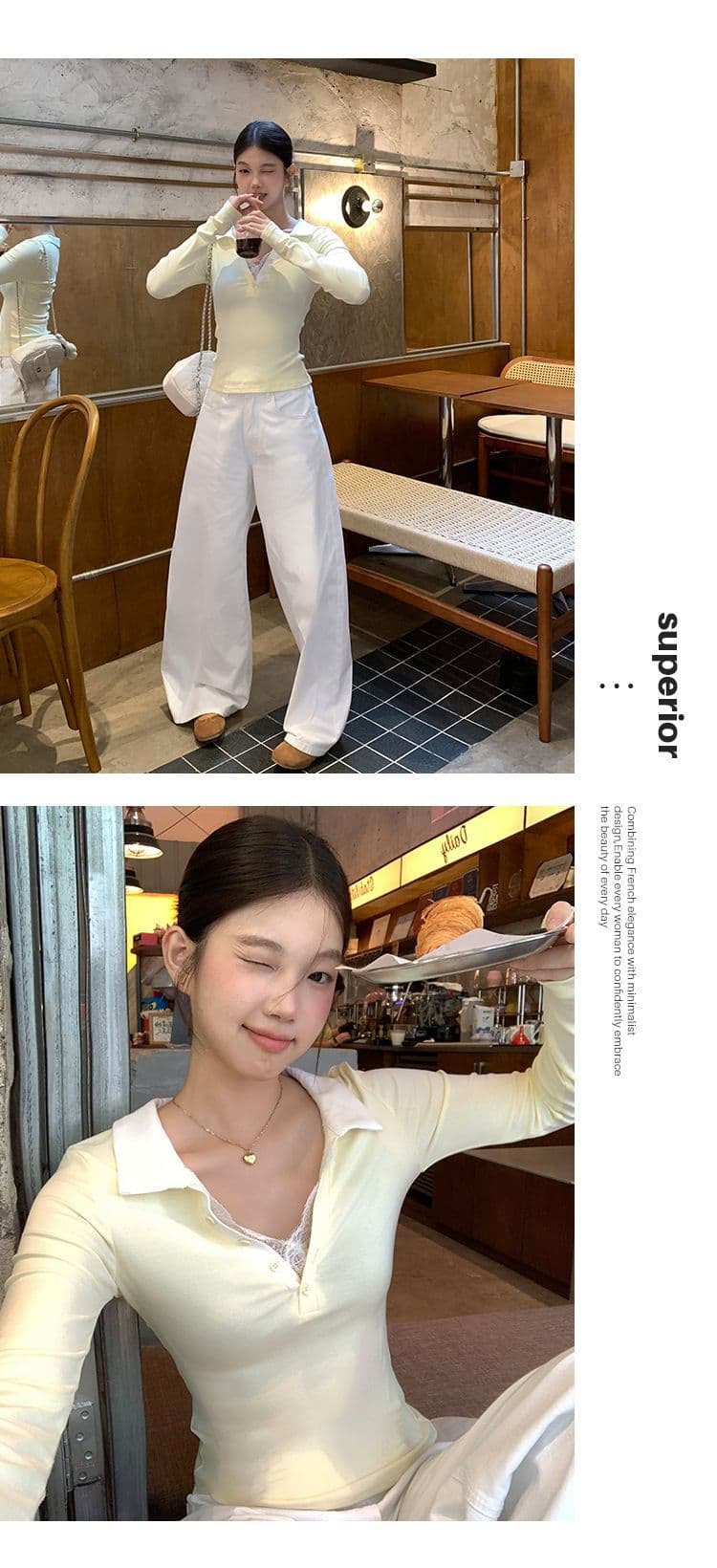 와 사고 방식 270 그램 사람들 면 거위 옐로우 POLO 칼라 레이스 레이스 긴팔 티셔츠 여성 가을 페이크 레이어드 맨위 상세 이미지 7