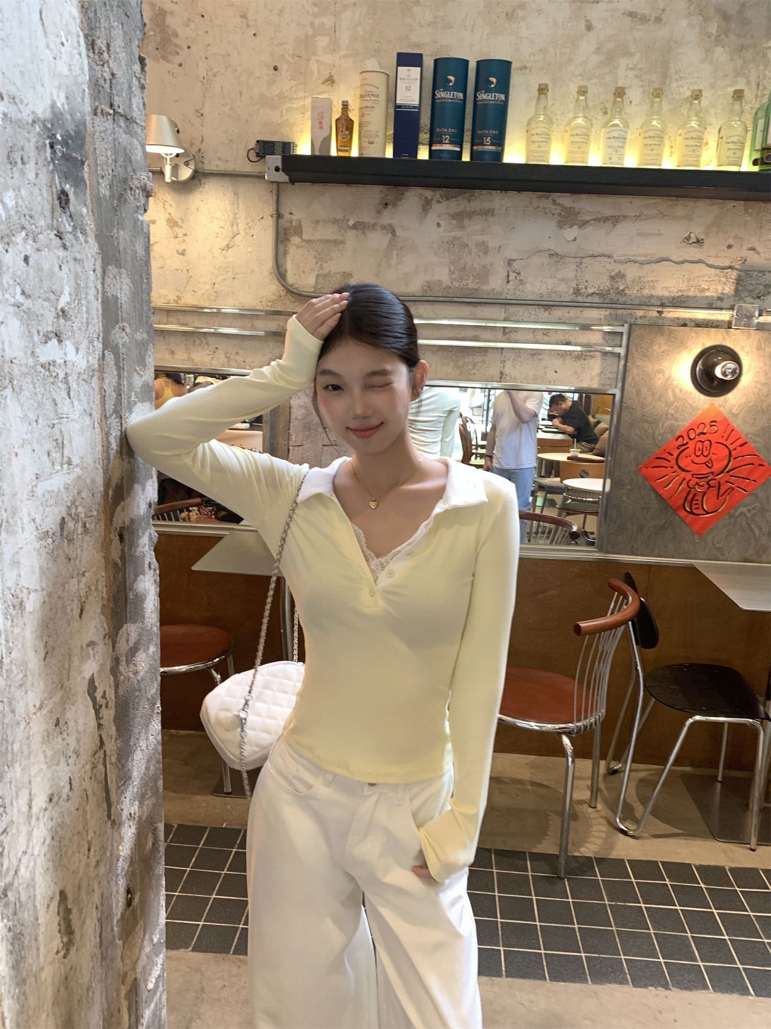 와 사고 방식 270 그램 사람들 면 거위 옐로우 POLO 칼라 레이스 레이스 긴팔 티셔츠 여성 가을 페이크 레이어드 맨위 상세 이미지 16