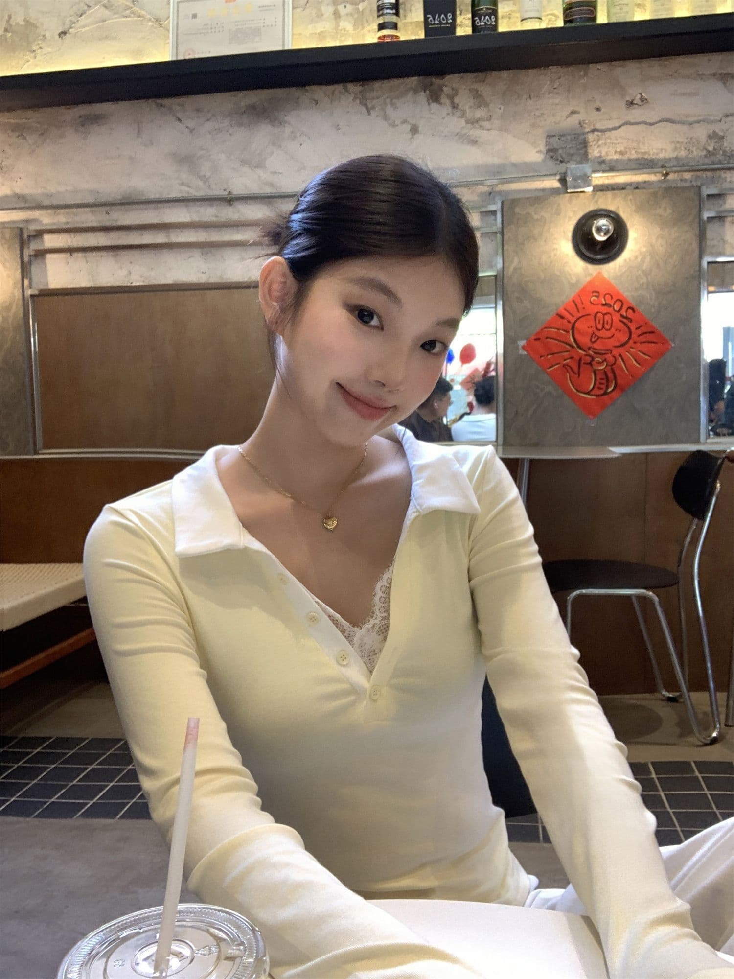 와 사고 방식 270 그램 사람들 면 거위 옐로우 POLO 칼라 레이스 레이스 긴팔 티셔츠 여성 가을 페이크 레이어드 맨위 상세 이미지 18