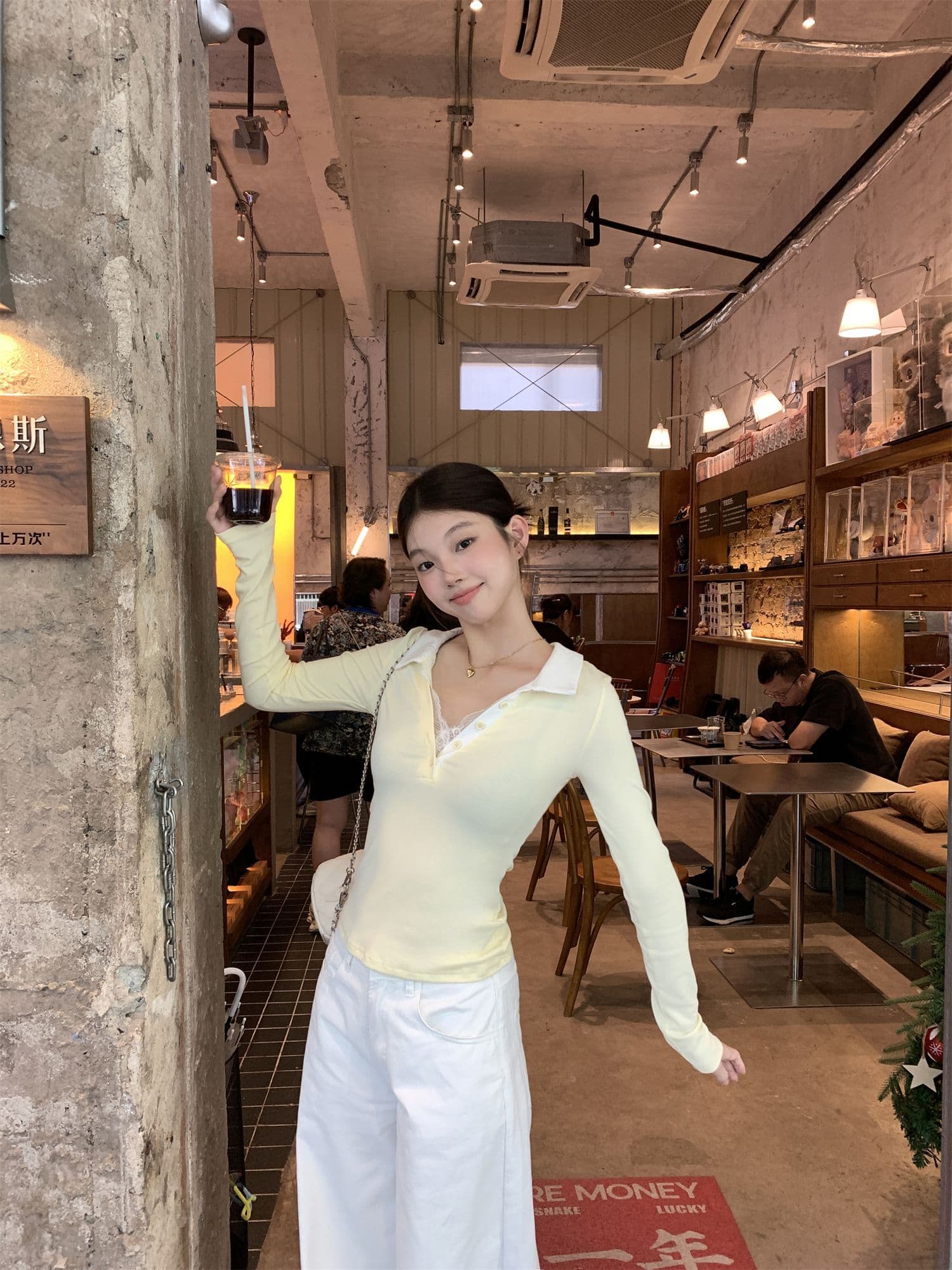 와 사고 방식 270 그램 사람들 면 거위 옐로우 POLO 칼라 레이스 레이스 긴팔 티셔츠 여성 가을 페이크 레이어드 맨위 상세 이미지 20