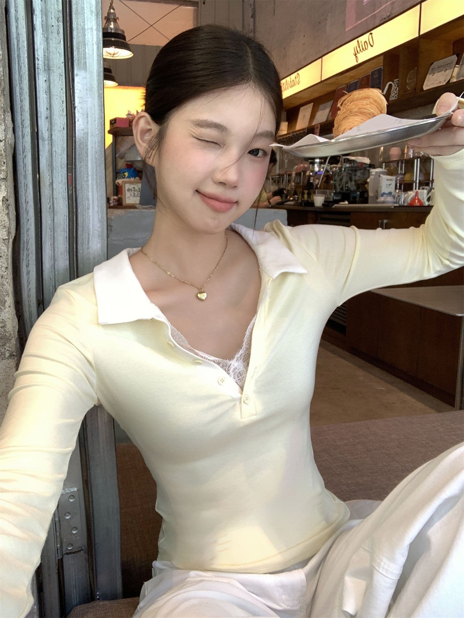 와 사고 방식 270 그램 사람들 면 거위 옐로우 POLO 칼라 레이스 레이스 긴팔 티셔츠 여성 가을 페이크 레이어드 맨위 상세 이미지 22