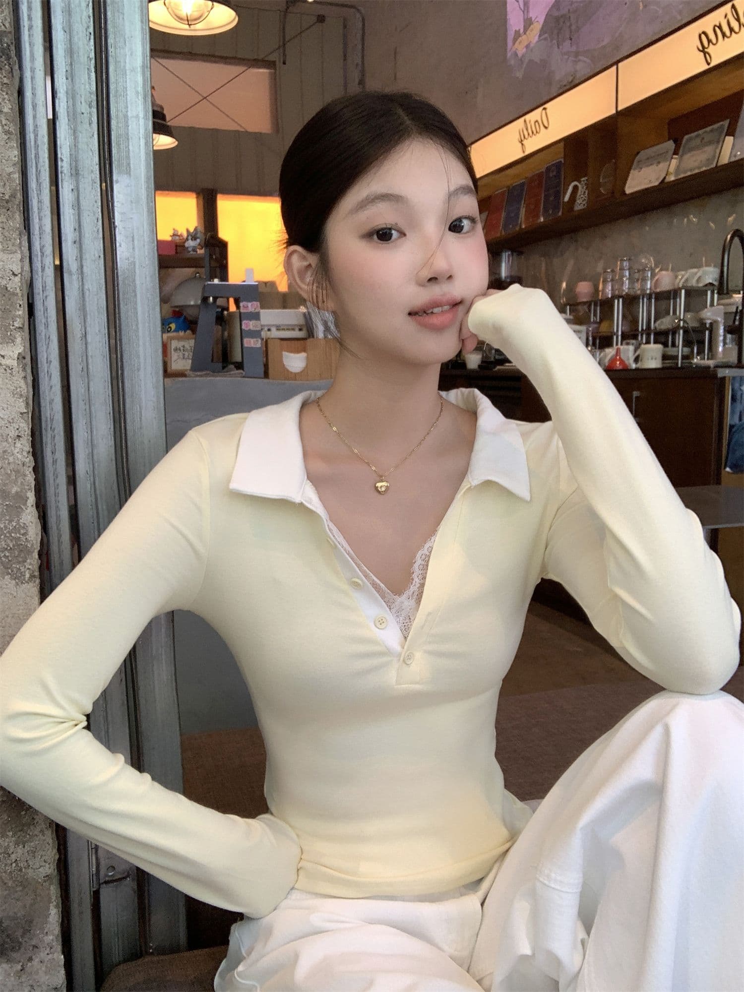 와 사고 방식 270 그램 사람들 면 거위 옐로우 POLO 칼라 레이스 레이스 긴팔 티셔츠 여성 가을 페이크 레이어드 맨위 상세 이미지 24