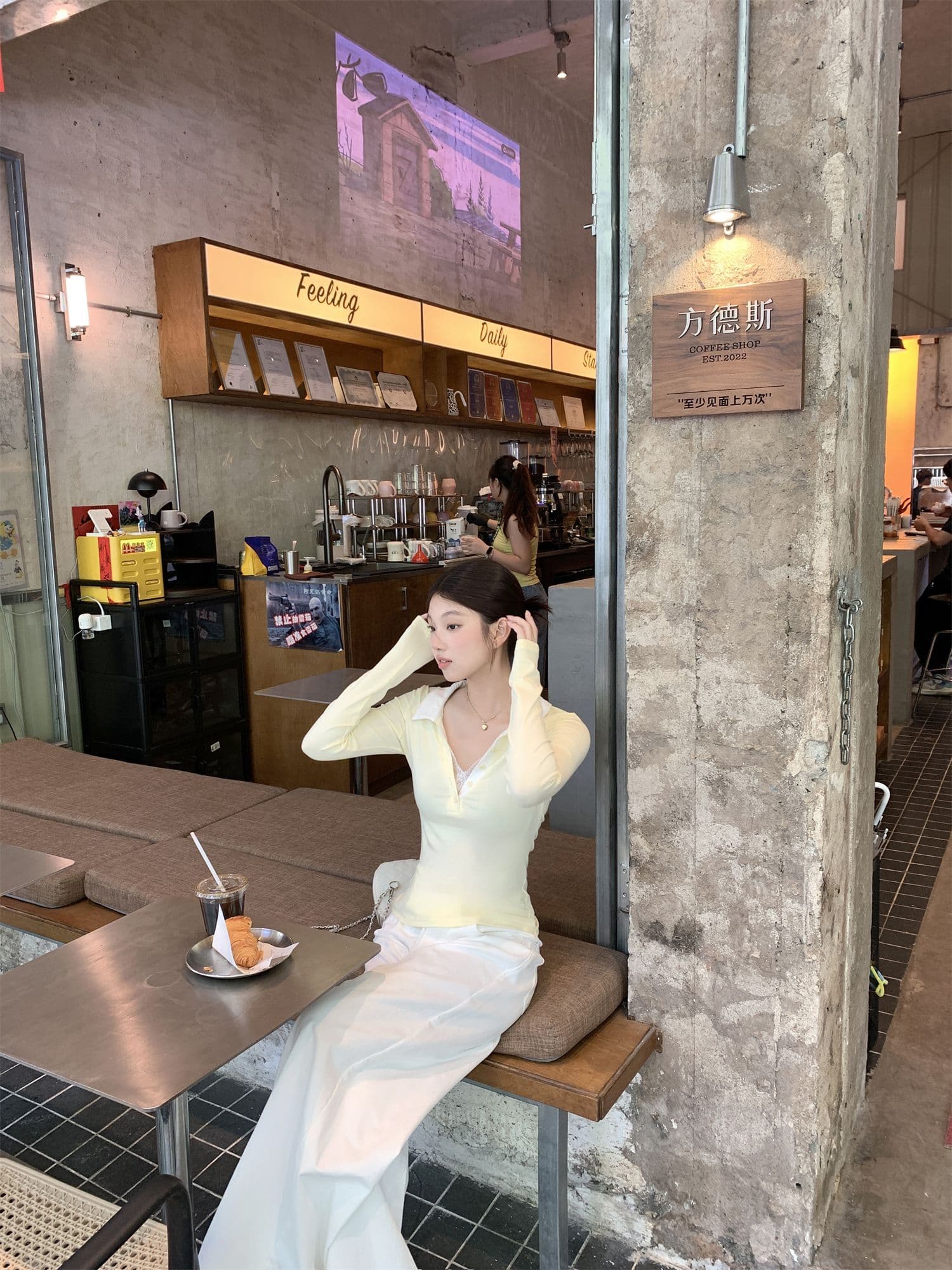 와 사고 방식 270 그램 사람들 면 거위 옐로우 POLO 칼라 레이스 레이스 긴팔 티셔츠 여성 가을 페이크 레이어드 맨위 상세 이미지 26