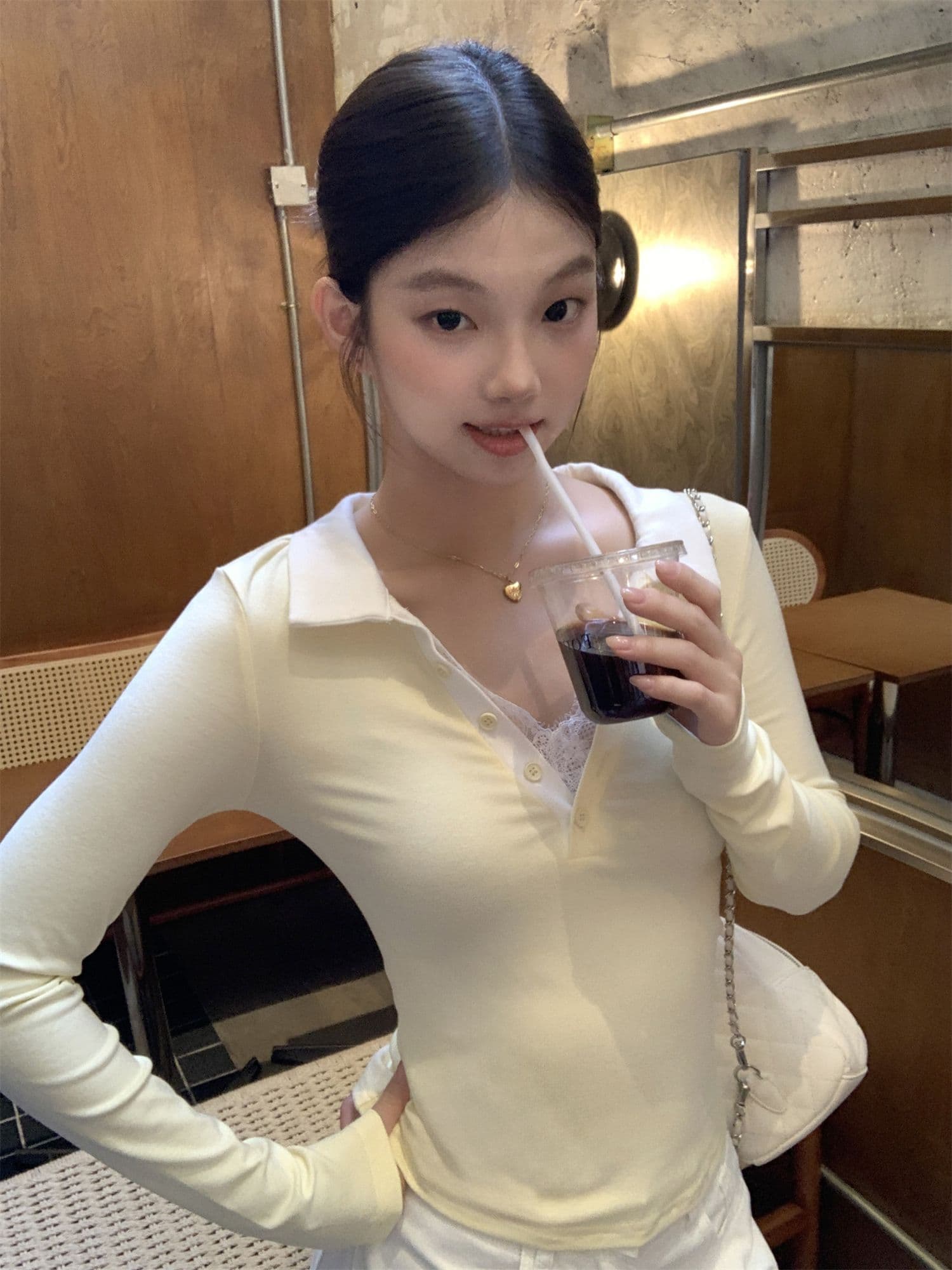와 사고 방식 270 그램 사람들 면 거위 옐로우 POLO 칼라 레이스 레이스 긴팔 티셔츠 여성 가을 페이크 레이어드 맨위 상세 이미지 32