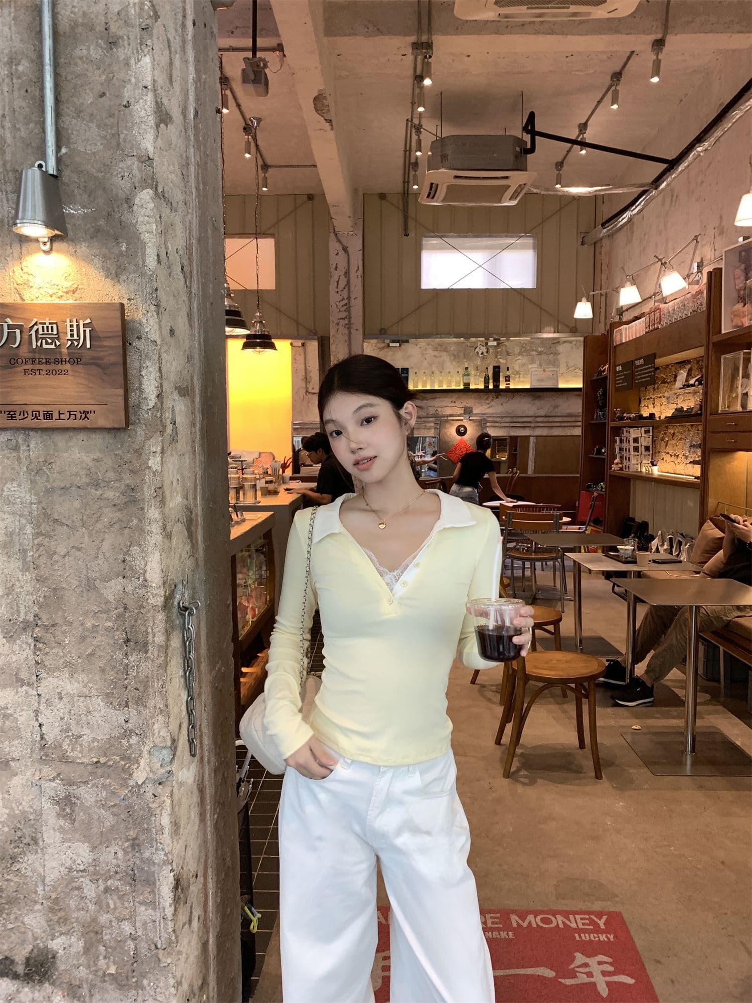 와 사고 방식 270 그램 사람들 면 거위 옐로우 POLO 칼라 레이스 레이스 긴팔 티셔츠 여성 가을 페이크 레이어드 맨위 상세 이미지 38