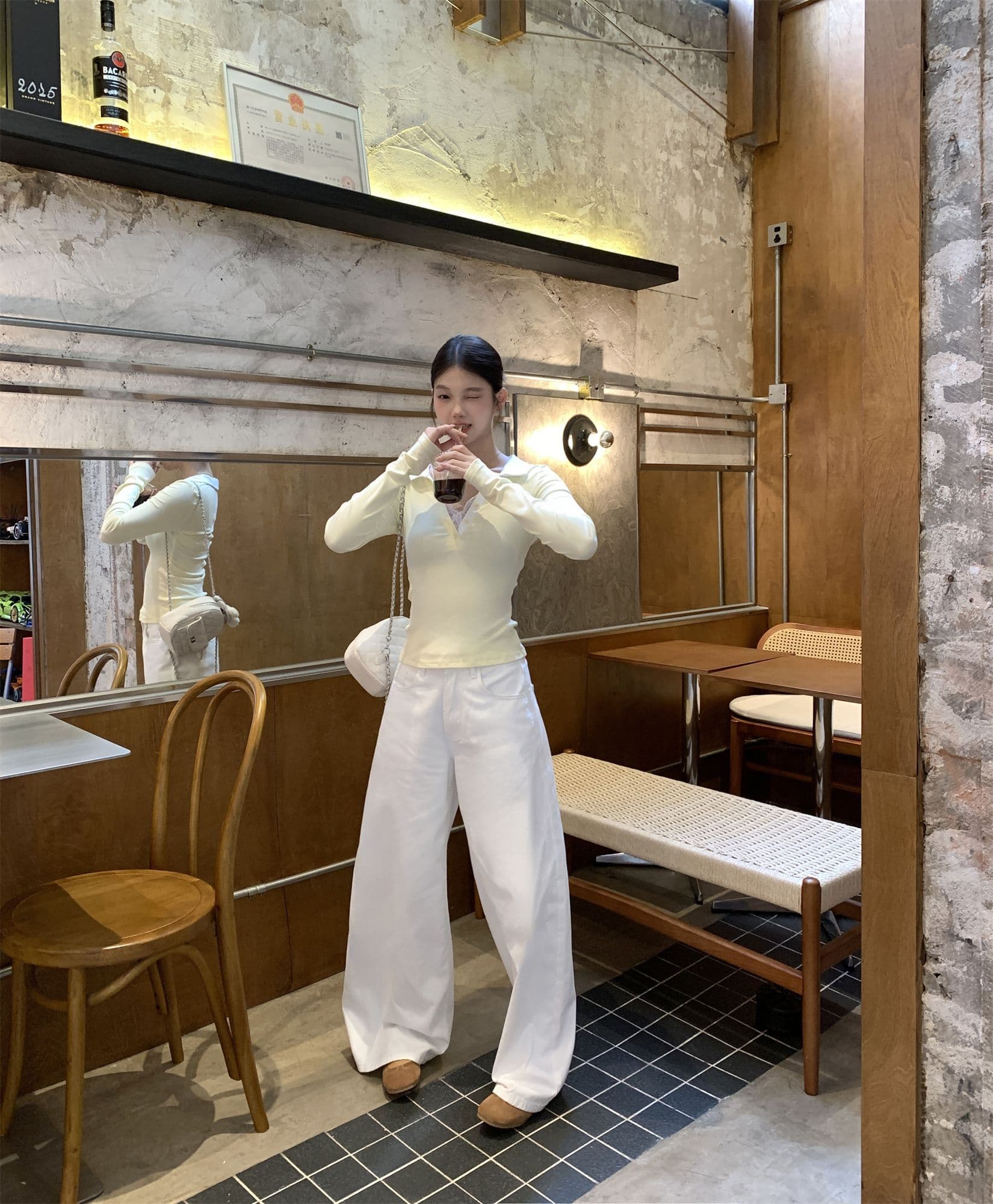 와 사고 방식 270 그램 사람들 면 거위 옐로우 POLO 칼라 레이스 레이스 긴팔 티셔츠 여성 가을 페이크 레이어드 맨위 상세 이미지 42