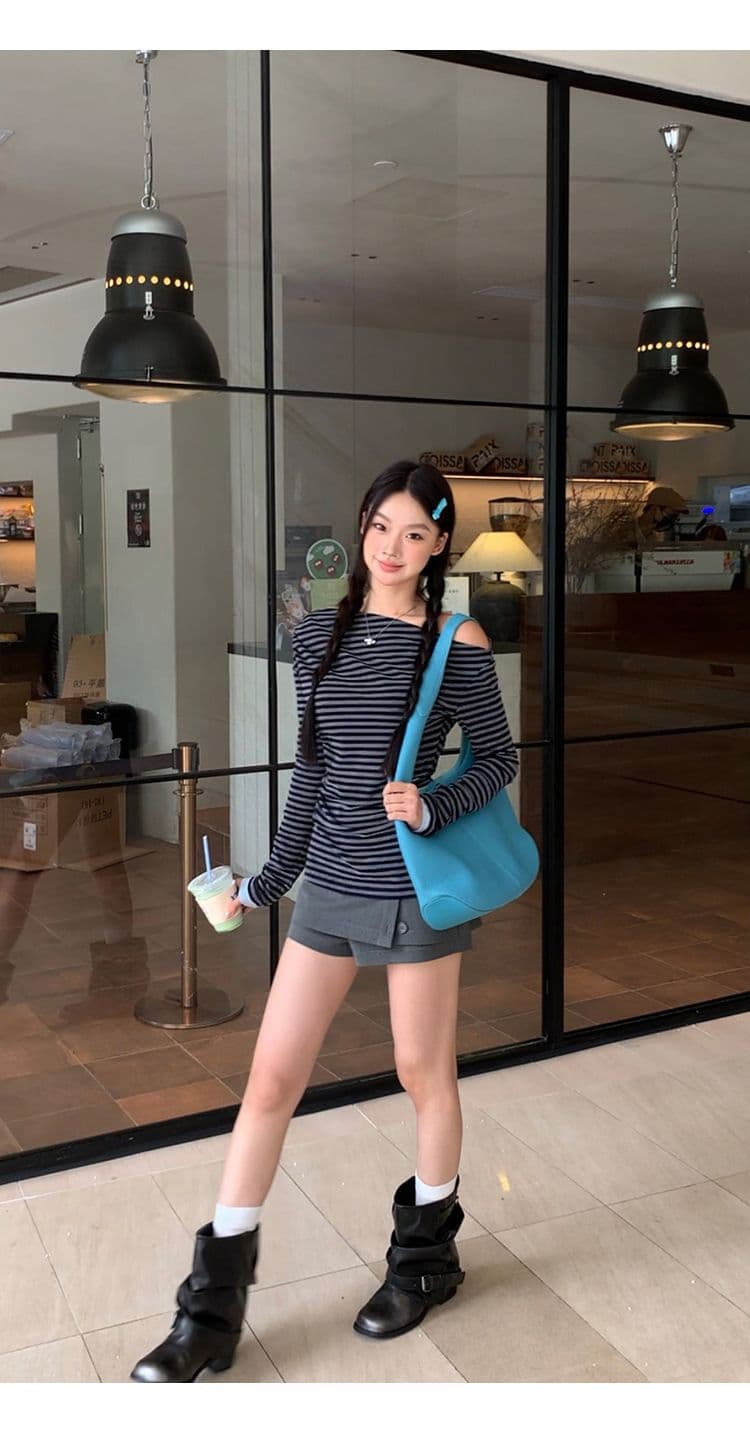 2026 긴팔 티셔츠 여성 초기 가을 고급 작은 대중 아니요 명중 셔츠 스트라이프 오프숄더 비스듬한 어깨 의류 상세 이미지 13