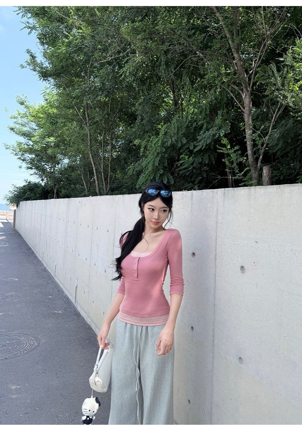 260 그램 사람들 면 페이크 레이어드 중간 소매 티셔츠 여성 가을 2026 년 새로운 디자인 센스 허리 수축 맨위 패치워크 색상 다용도 상세 이미지 20