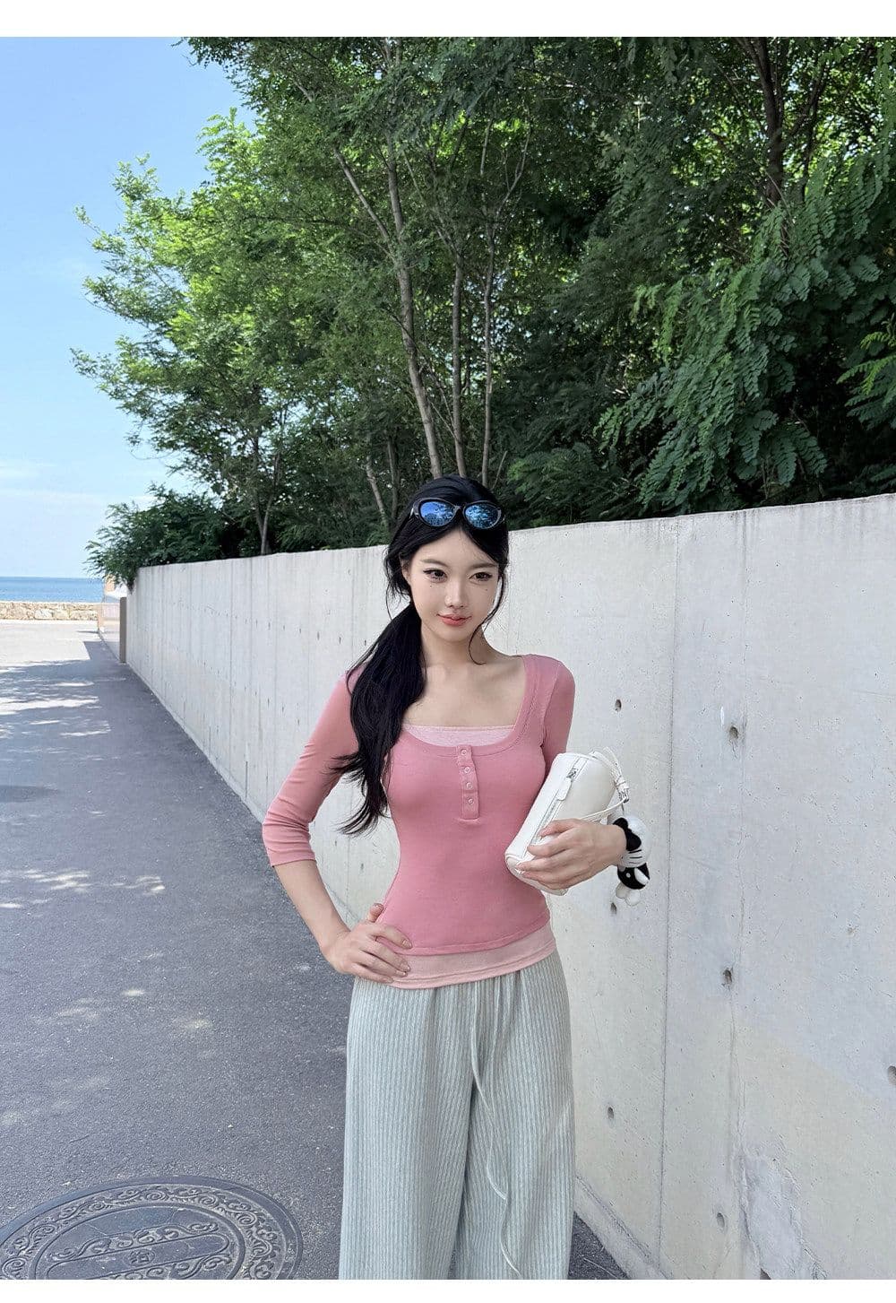 260 그램 사람들 면 페이크 레이어드 중간 소매 티셔츠 여성 가을 2026 년 새로운 디자인 센스 허리 수축 맨위 패치워크 색상 다용도 상세 이미지 24