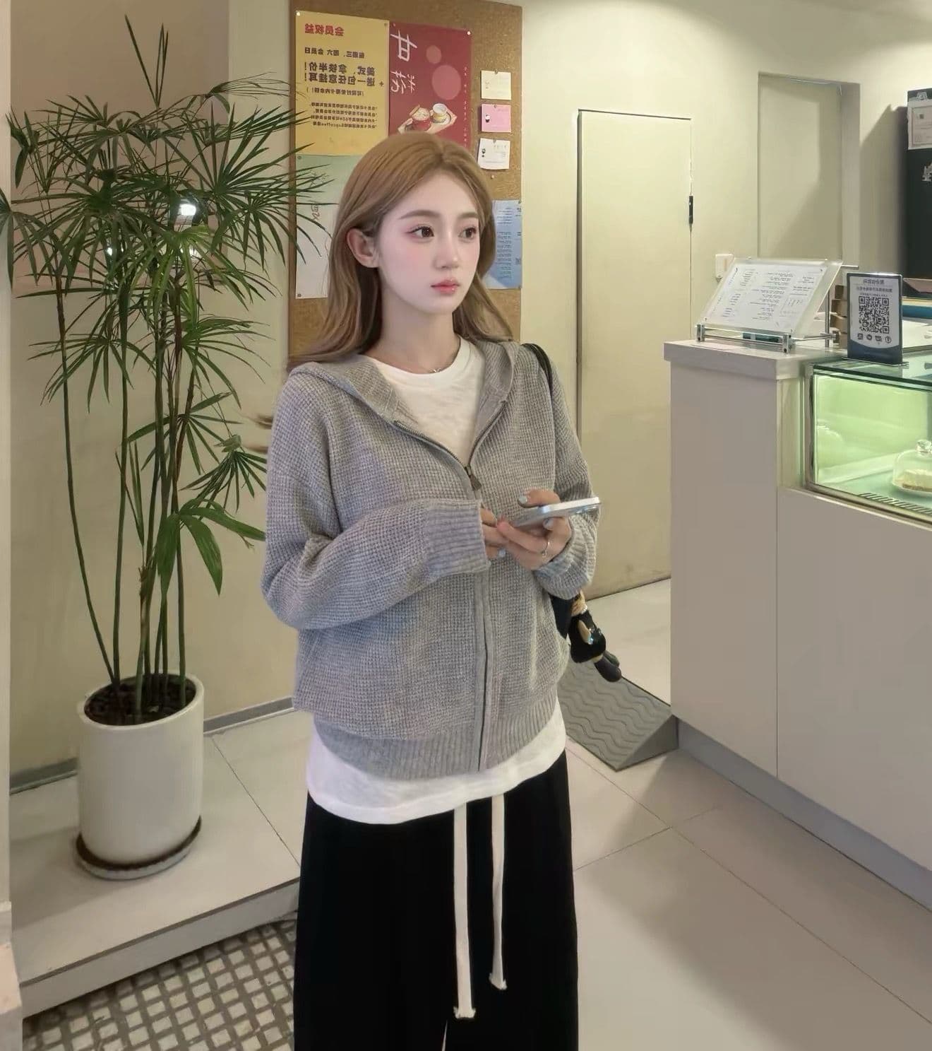 양 플러시 3 차원 후아 남편 그리드 후드 오픈 가디건 여성 레저 다용도 양모 재킷 상세 이미지 11