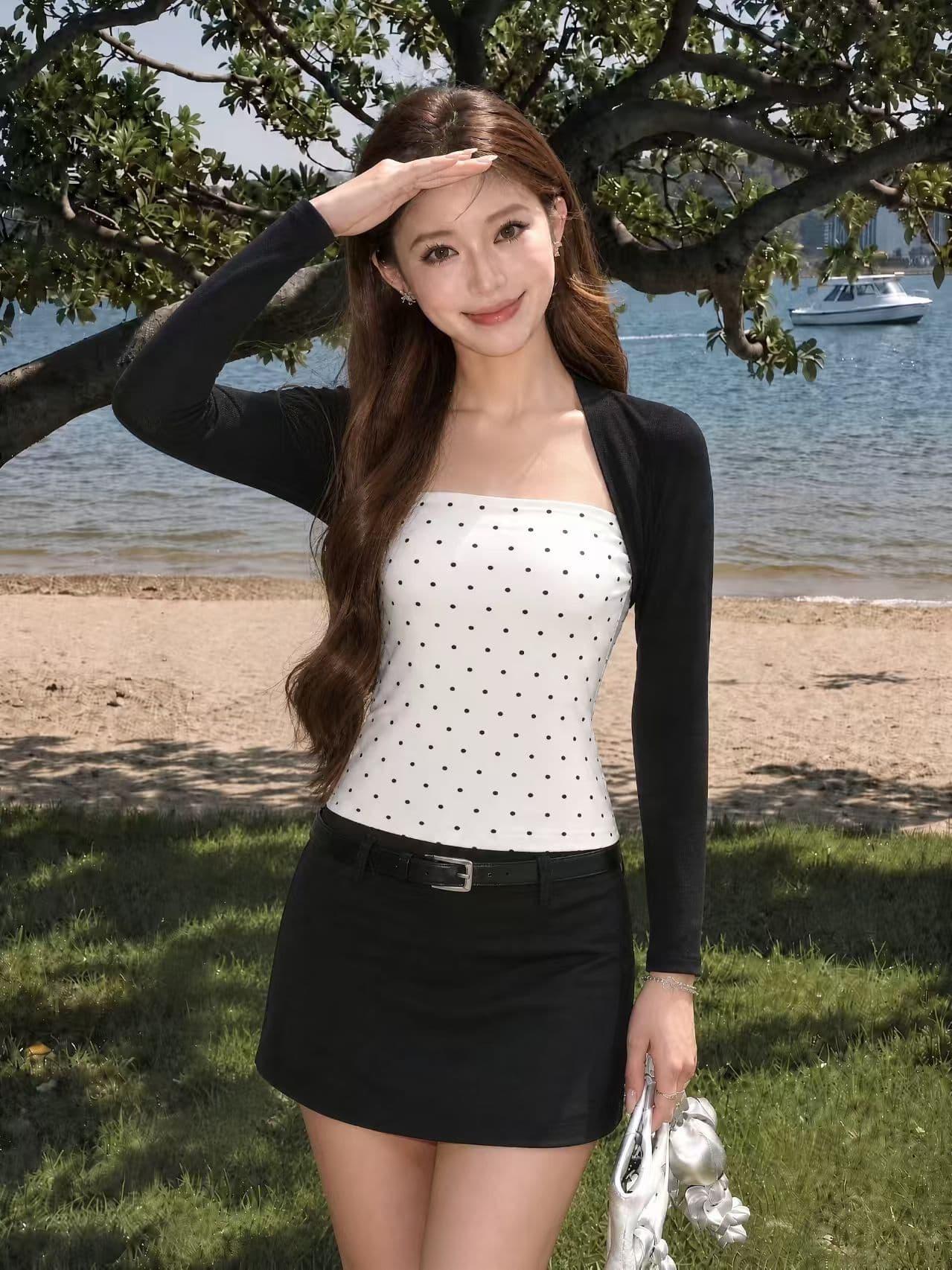40 1 1 좋은 면 210 그램 아메리칸 디자인 센스 작은 대중 도트 무늬 배색 페이크 레이어드 긴팔 여성