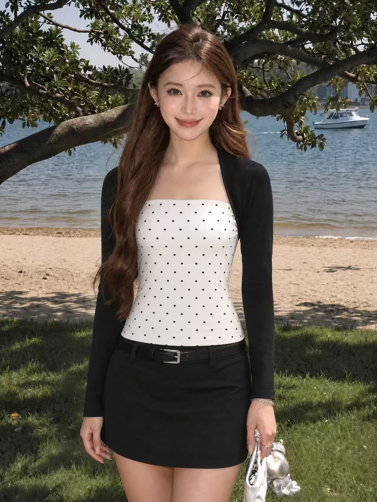 40 1 1 좋은 면 210 그램 아메리칸 디자인 센스 작은 대중 도트 무늬 배색 페이크 레이어드 긴팔 여성 상세 이미지 2