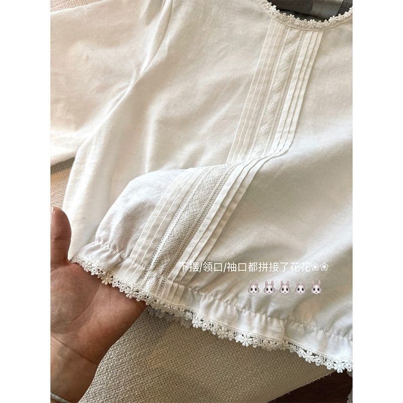 높은 품질 품질 프랑스식 품격 레이스 연령 감소 쇼트 스타일 긴팔 셔츠 맨위 여성 가을 Chic 슬림해 보이는 셔츠 이미지 5