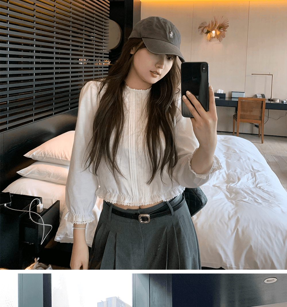 높은 품질 품질 프랑스식 품격 레이스 연령 감소 쇼트 스타일 긴팔 셔츠 맨위 여성 가을 Chic 슬림해 보이는 셔츠 상세 이미지 20