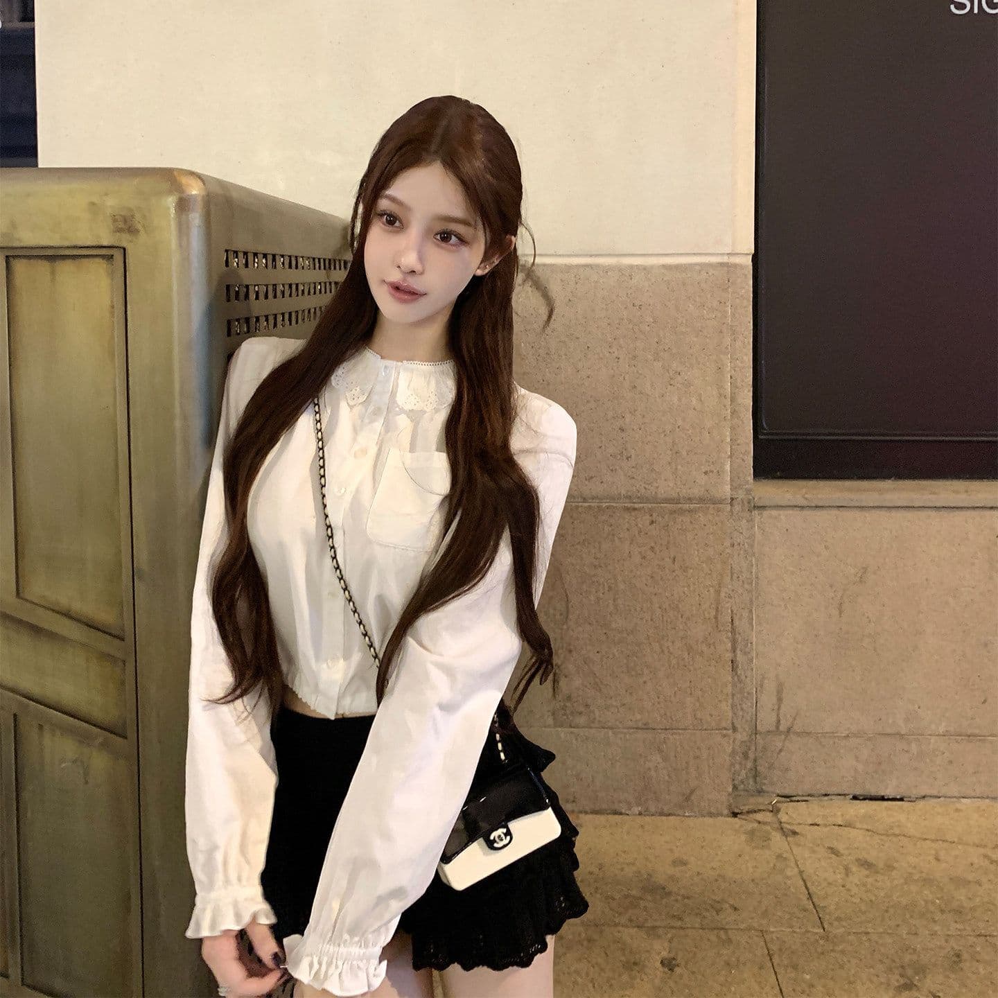 원본 원단 프릴 칼라 긴팔 여성 셔츠 조기 가을 루즈핏 셔츠 작은 대중 달콤함 쇼트 스타일 출퇴근 맨위