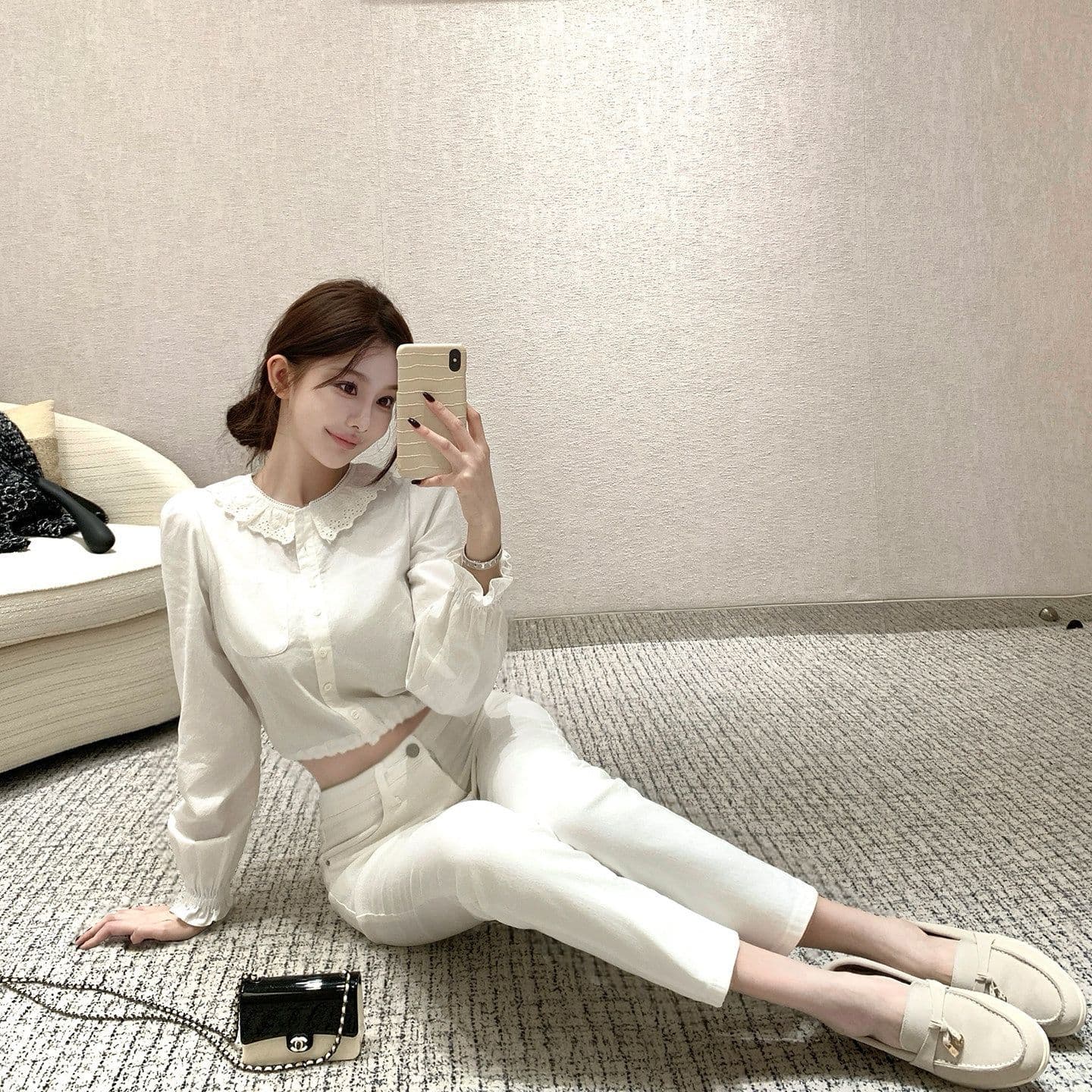 원본 원단 프릴 칼라 긴팔 여성 셔츠 조기 가을 루즈핏 셔츠 작은 대중 달콤함 쇼트 스타일 출퇴근 맨위 이미지 3