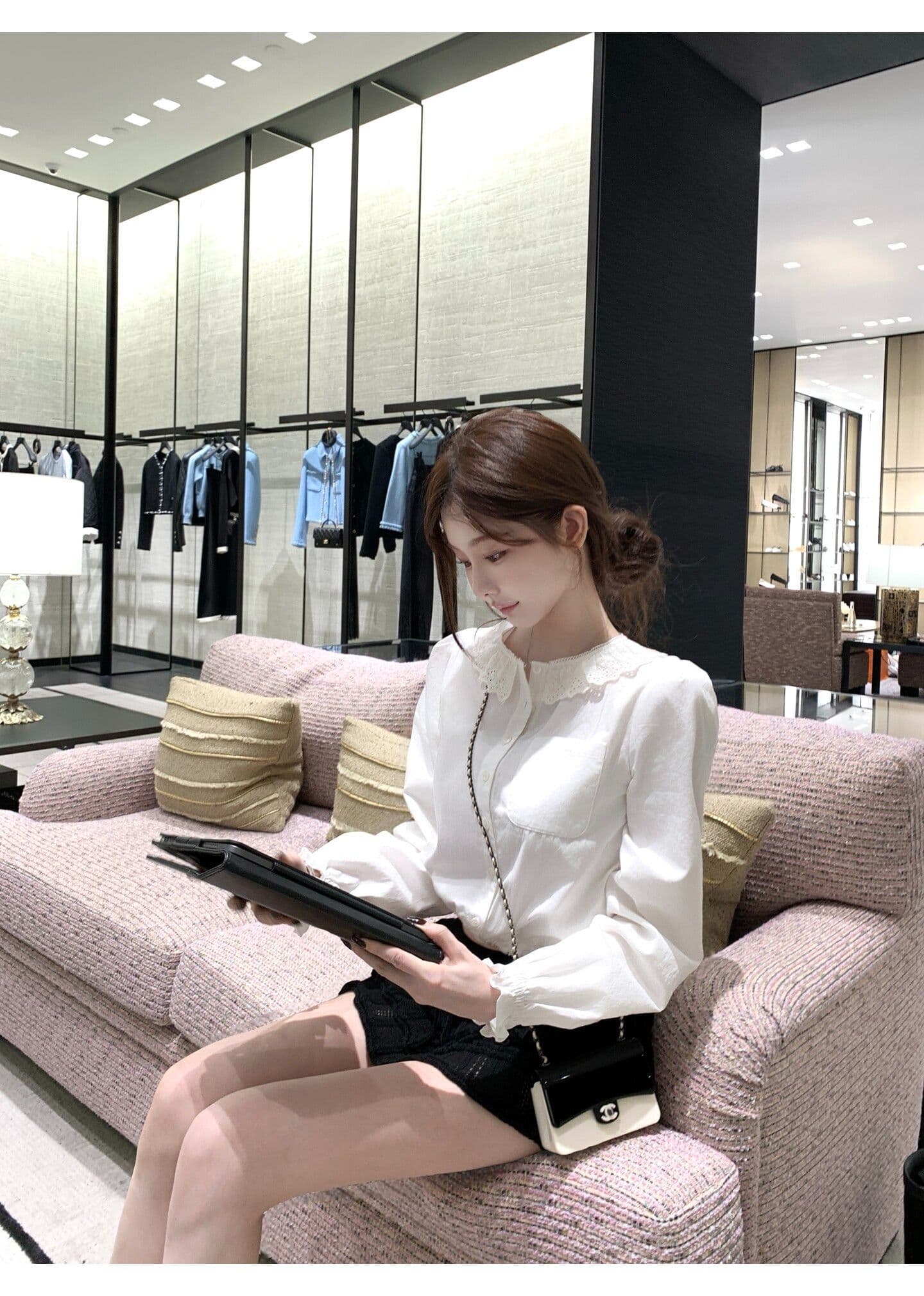 원본 원단 프릴 칼라 긴팔 여성 셔츠 조기 가을 루즈핏 셔츠 작은 대중 달콤함 쇼트 스타일 출퇴근 맨위 상세 이미지 2