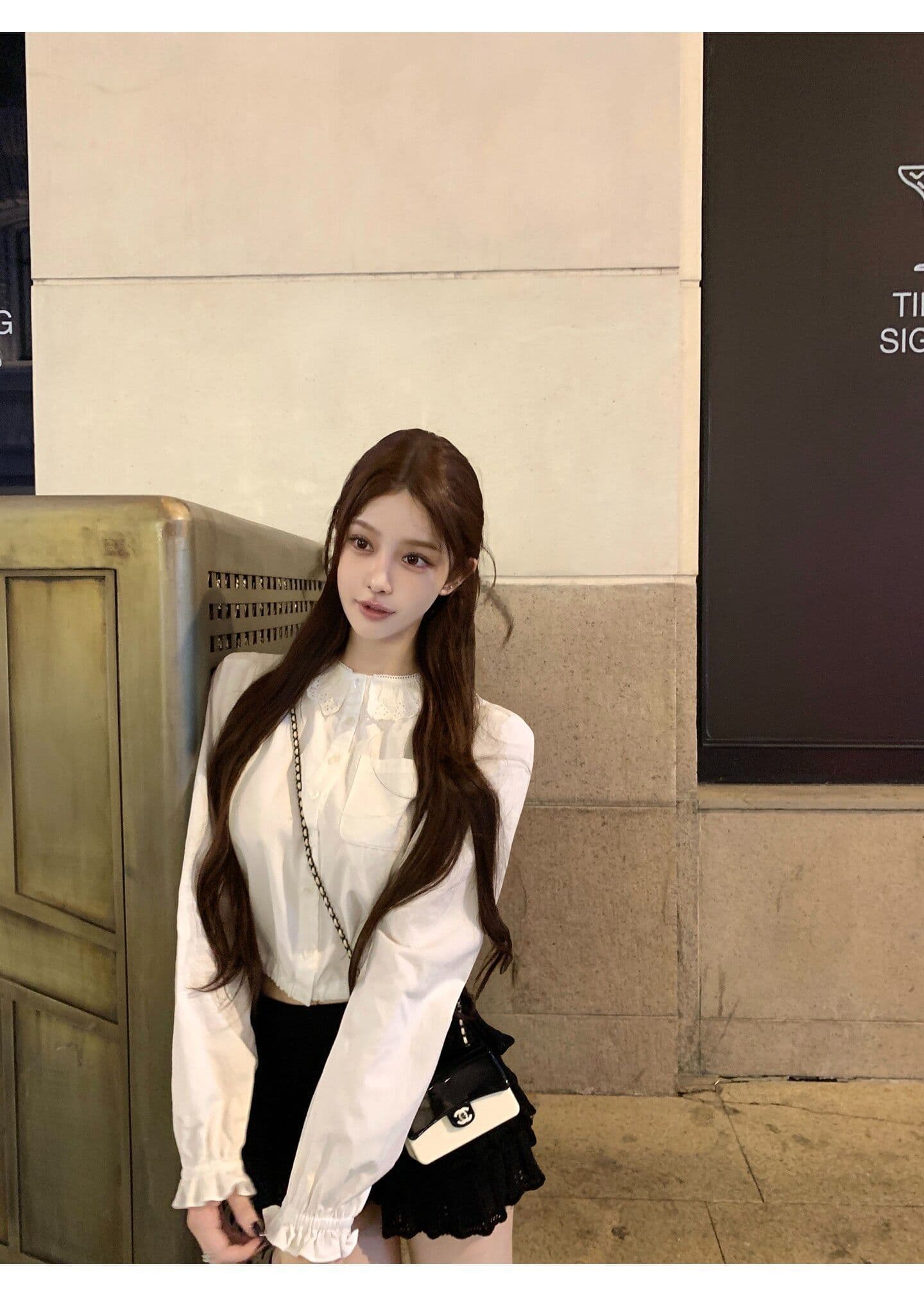 원본 원단 프릴 칼라 긴팔 여성 셔츠 조기 가을 루즈핏 셔츠 작은 대중 달콤함 쇼트 스타일 출퇴근 맨위 상세 이미지 3