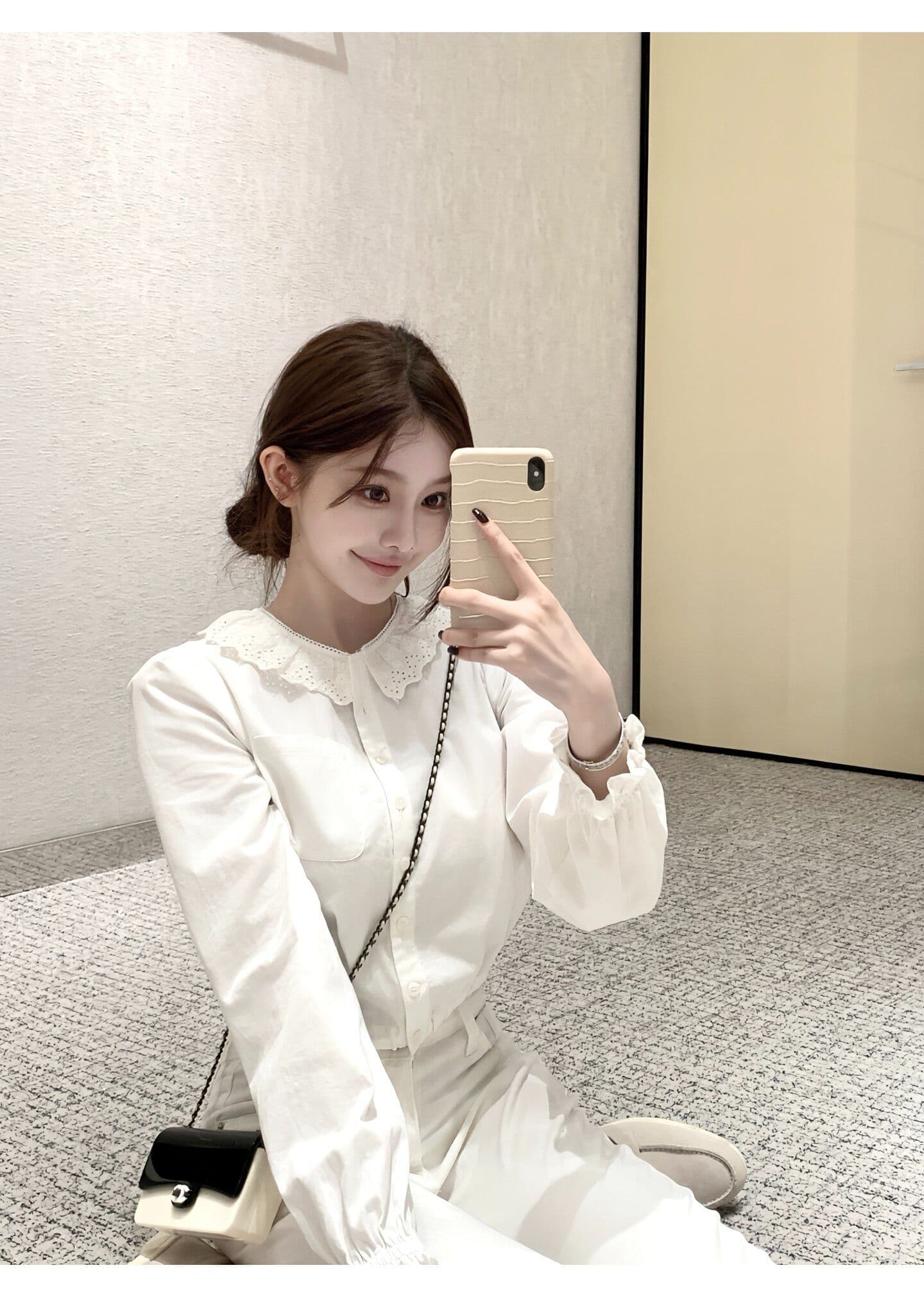원본 원단 프릴 칼라 긴팔 여성 셔츠 조기 가을 루즈핏 셔츠 작은 대중 달콤함 쇼트 스타일 출퇴근 맨위 상세 이미지 5