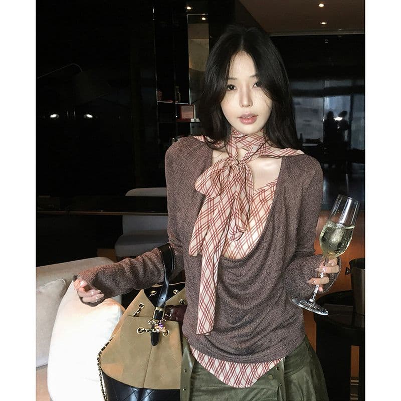 한 부서 패치워크 레이스업 체크무늬 흔들다 칼라 페이크 레이어드 티셔츠 여성 이른 가을 주름 디자인 만나는 맨위