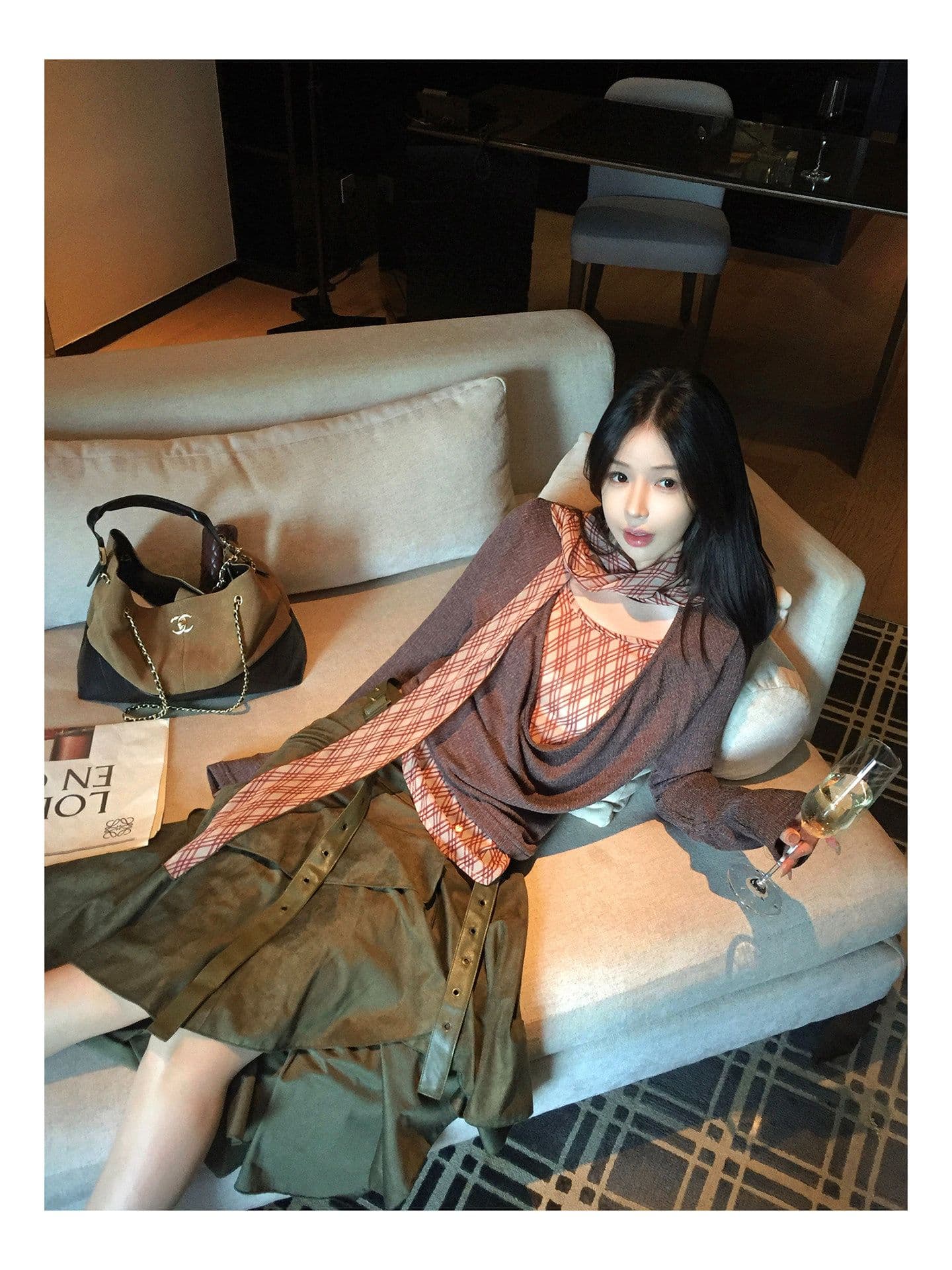 한 부서 패치워크 레이스업 체크무늬 흔들다 칼라 페이크 레이어드 티셔츠 여성 이른 가을 주름 디자인 만나는 맨위 상세 이미지 13