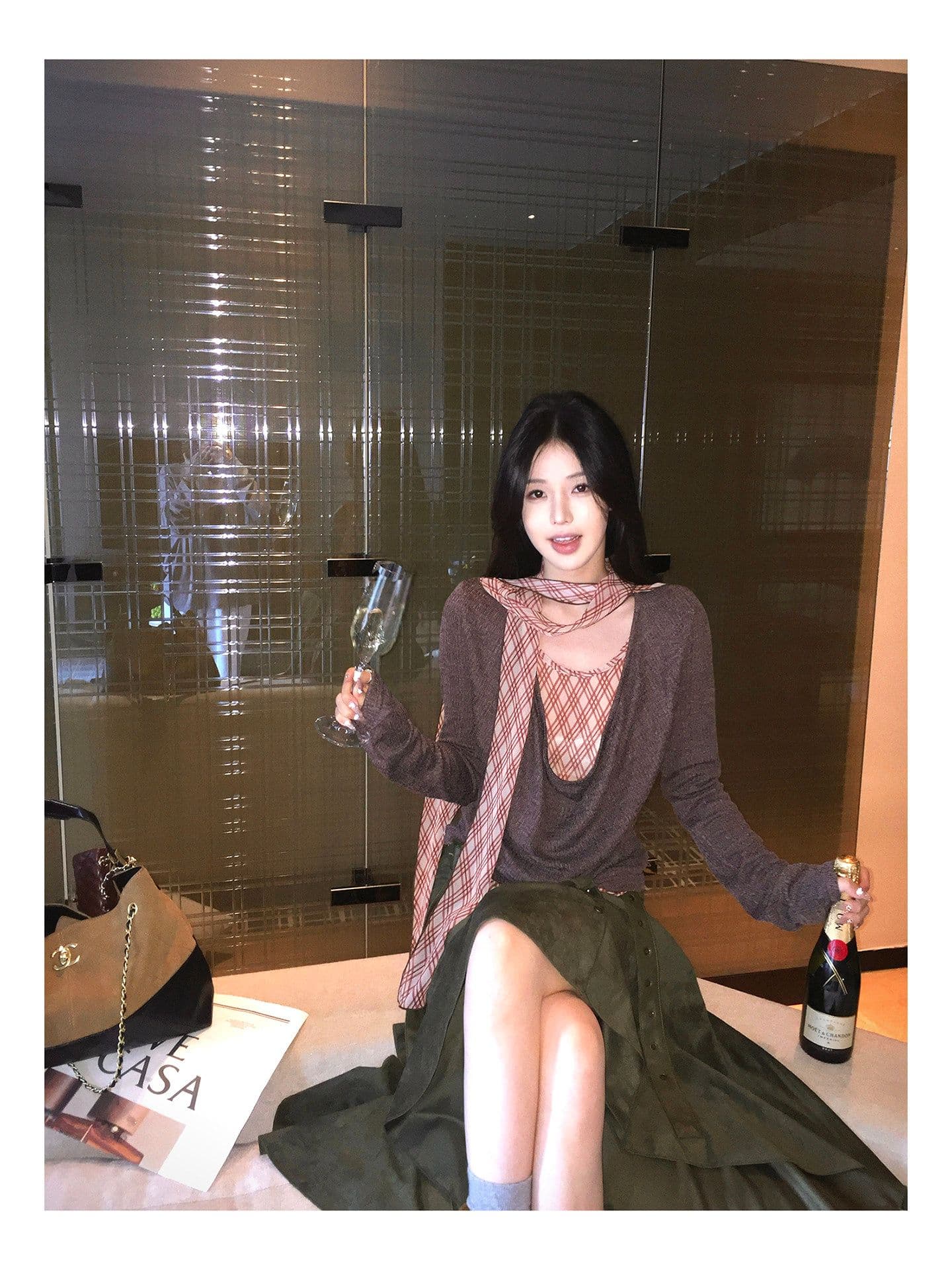 한 부서 패치워크 레이스업 체크무늬 흔들다 칼라 페이크 레이어드 티셔츠 여성 이른 가을 주름 디자인 만나는 맨위 상세 이미지 14