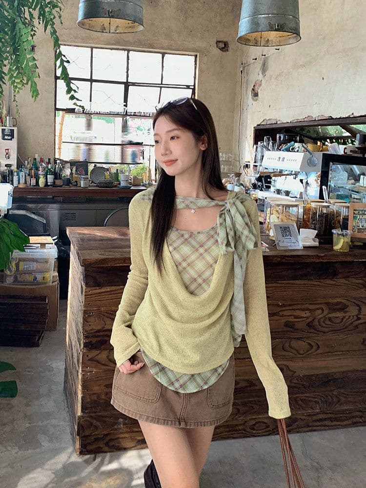 이른 가을 흔들다 칼라 패치워크 체크무늬 리본 페이크 레이어드 맨위 여성 디자인 주름 다용도 긴팔 티셔츠 상세 이미지 4