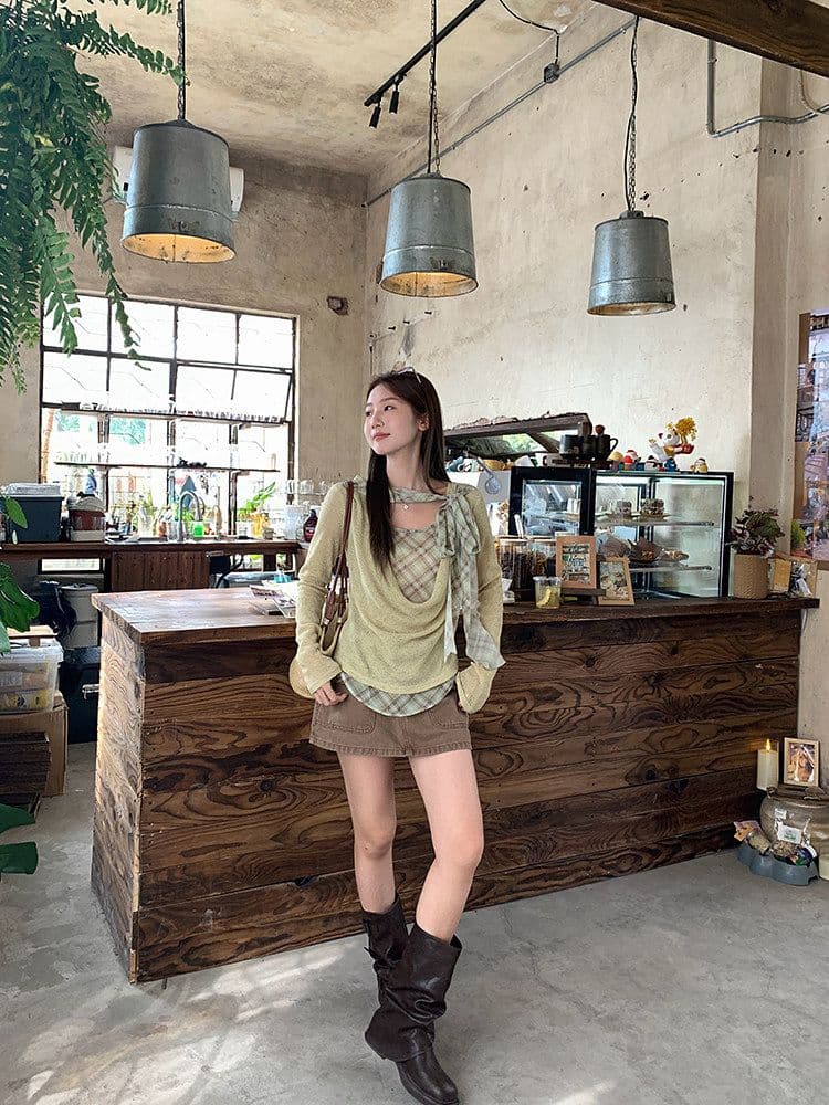 이른 가을 흔들다 칼라 패치워크 체크무늬 리본 페이크 레이어드 맨위 여성 디자인 주름 다용도 긴팔 티셔츠 상세 이미지 5