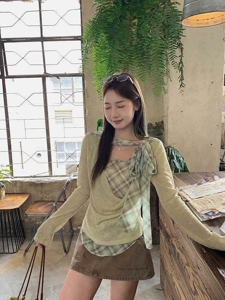이른 가을 흔들다 칼라 패치워크 체크무늬 리본 페이크 레이어드 맨위 여성 디자인 주름 다용도 긴팔 티셔츠 상세 이미지 7