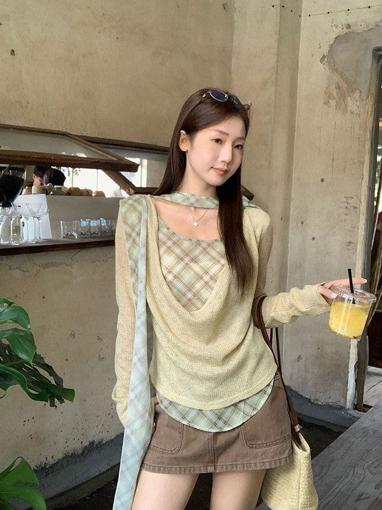 이른 가을 흔들다 칼라 패치워크 체크무늬 리본 페이크 레이어드 맨위 여성 디자인 주름 다용도 긴팔 티셔츠 상세 이미지 9
