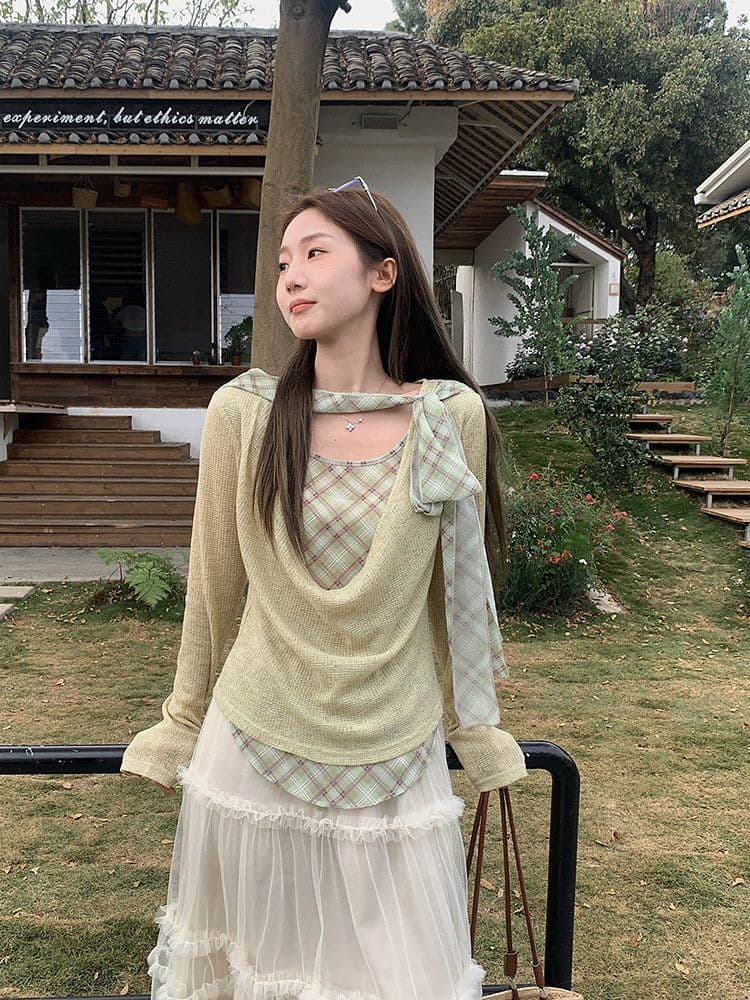 이른 가을 흔들다 칼라 패치워크 체크무늬 리본 페이크 레이어드 맨위 여성 디자인 주름 다용도 긴팔 티셔츠 상세 이미지 10