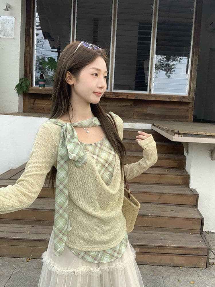 이른 가을 흔들다 칼라 패치워크 체크무늬 리본 페이크 레이어드 맨위 여성 디자인 주름 다용도 긴팔 티셔츠 상세 이미지 12