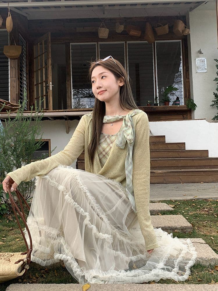 이른 가을 흔들다 칼라 패치워크 체크무늬 리본 페이크 레이어드 맨위 여성 디자인 주름 다용도 긴팔 티셔츠 상세 이미지 13