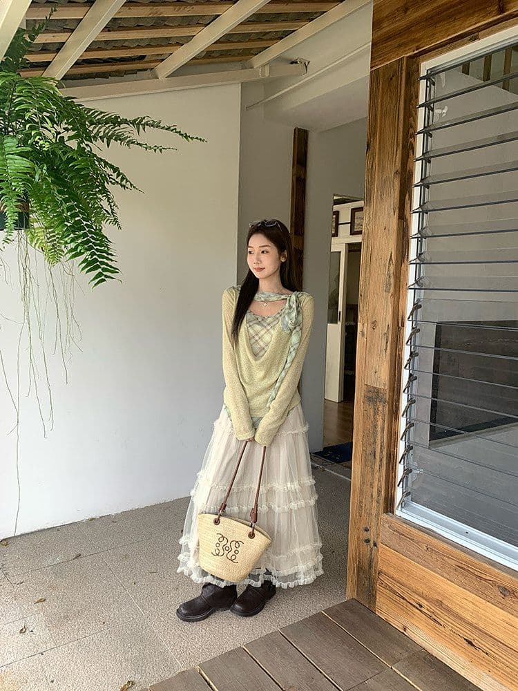 이른 가을 흔들다 칼라 패치워크 체크무늬 리본 페이크 레이어드 맨위 여성 디자인 주름 다용도 긴팔 티셔츠 상세 이미지 14