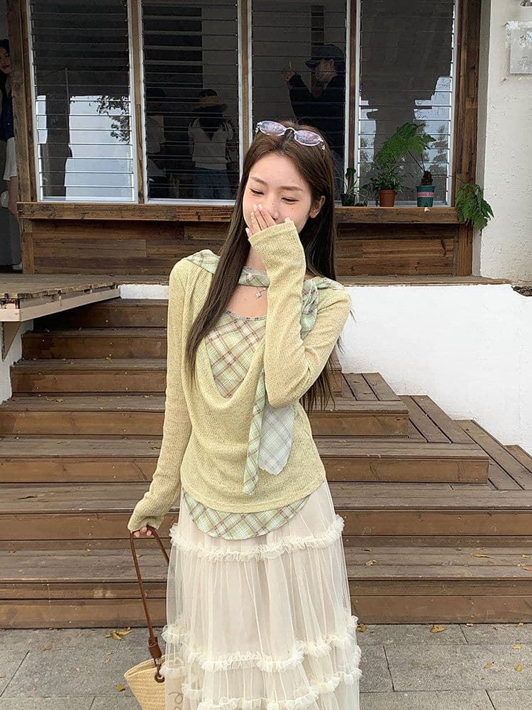 이른 가을 흔들다 칼라 패치워크 체크무늬 리본 페이크 레이어드 맨위 여성 디자인 주름 다용도 긴팔 티셔츠 상세 이미지 16