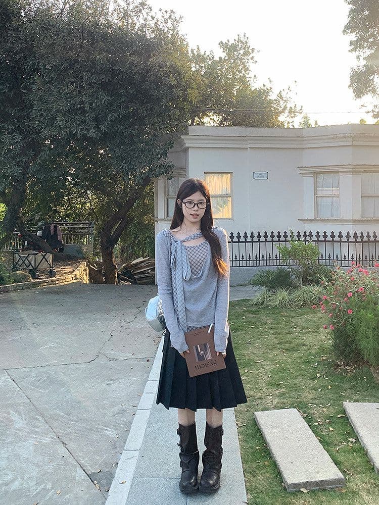 이른 가을 흔들다 칼라 패치워크 체크무늬 리본 페이크 레이어드 맨위 여성 디자인 주름 다용도 긴팔 티셔츠 상세 이미지 17