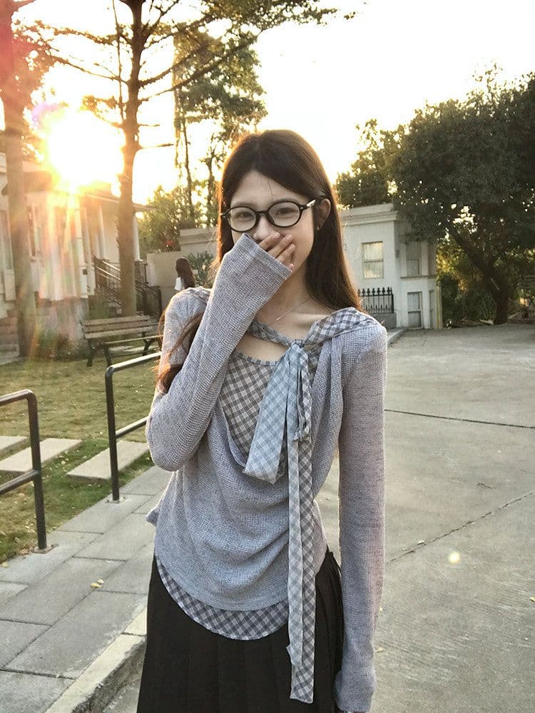 이른 가을 흔들다 칼라 패치워크 체크무늬 리본 페이크 레이어드 맨위 여성 디자인 주름 다용도 긴팔 티셔츠 상세 이미지 18