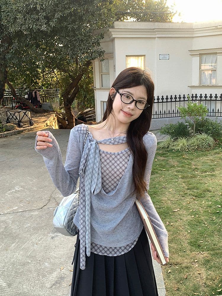 이른 가을 흔들다 칼라 패치워크 체크무늬 리본 페이크 레이어드 맨위 여성 디자인 주름 다용도 긴팔 티셔츠 상세 이미지 19