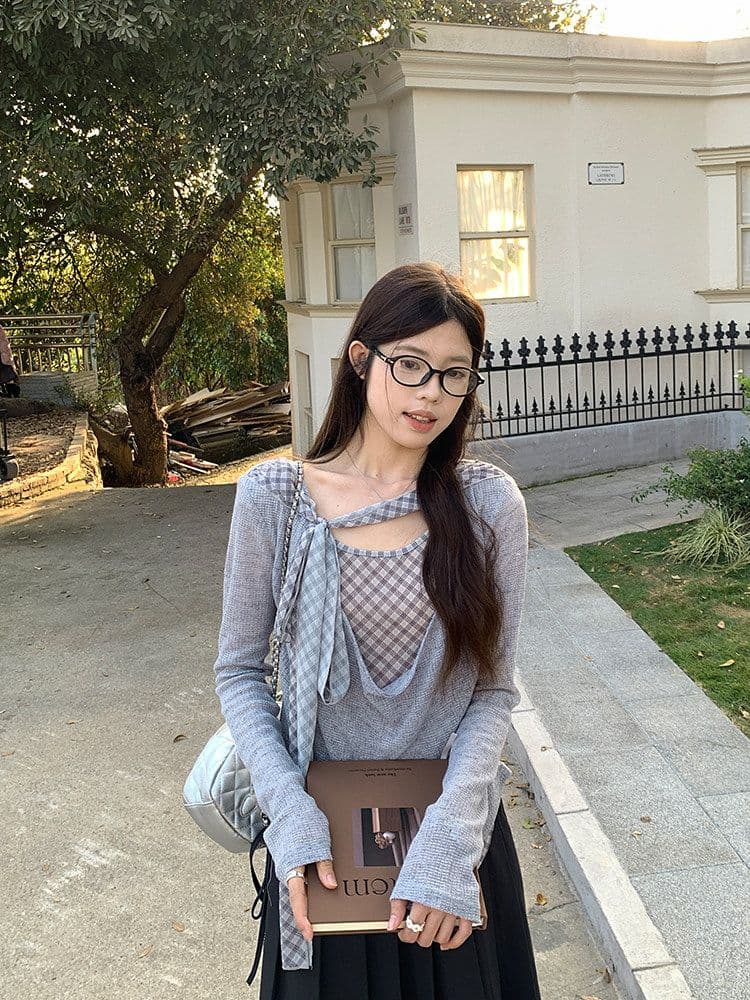 이른 가을 흔들다 칼라 패치워크 체크무늬 리본 페이크 레이어드 맨위 여성 디자인 주름 다용도 긴팔 티셔츠 상세 이미지 22