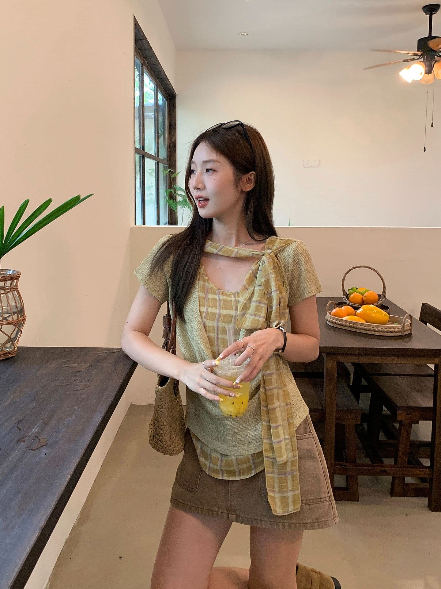 이른 가을 흔들다 칼라 패치워크 체크무늬 리본 페이크 레이어드 맨위 여성 디자인 주름 다용도 긴팔 티셔츠 상세 이미지 25