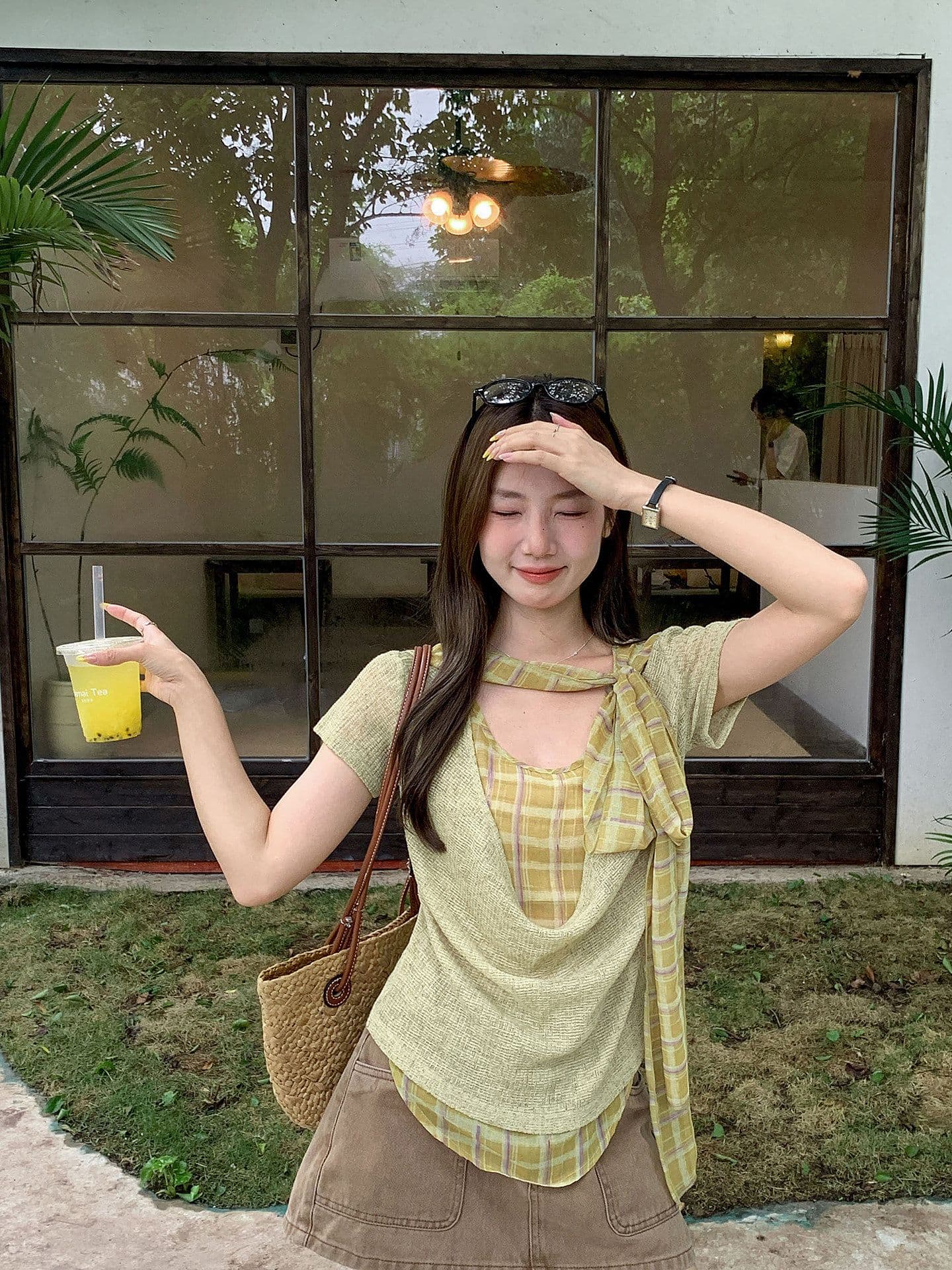 이른 가을 흔들다 칼라 패치워크 체크무늬 리본 페이크 레이어드 맨위 여성 디자인 주름 다용도 긴팔 티셔츠 상세 이미지 26