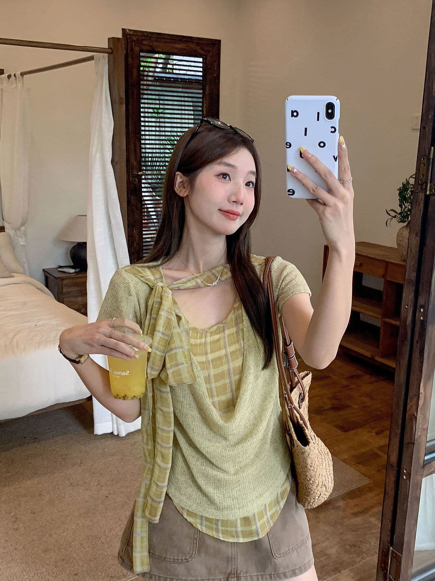 이른 가을 흔들다 칼라 패치워크 체크무늬 리본 페이크 레이어드 맨위 여성 디자인 주름 다용도 긴팔 티셔츠 상세 이미지 27